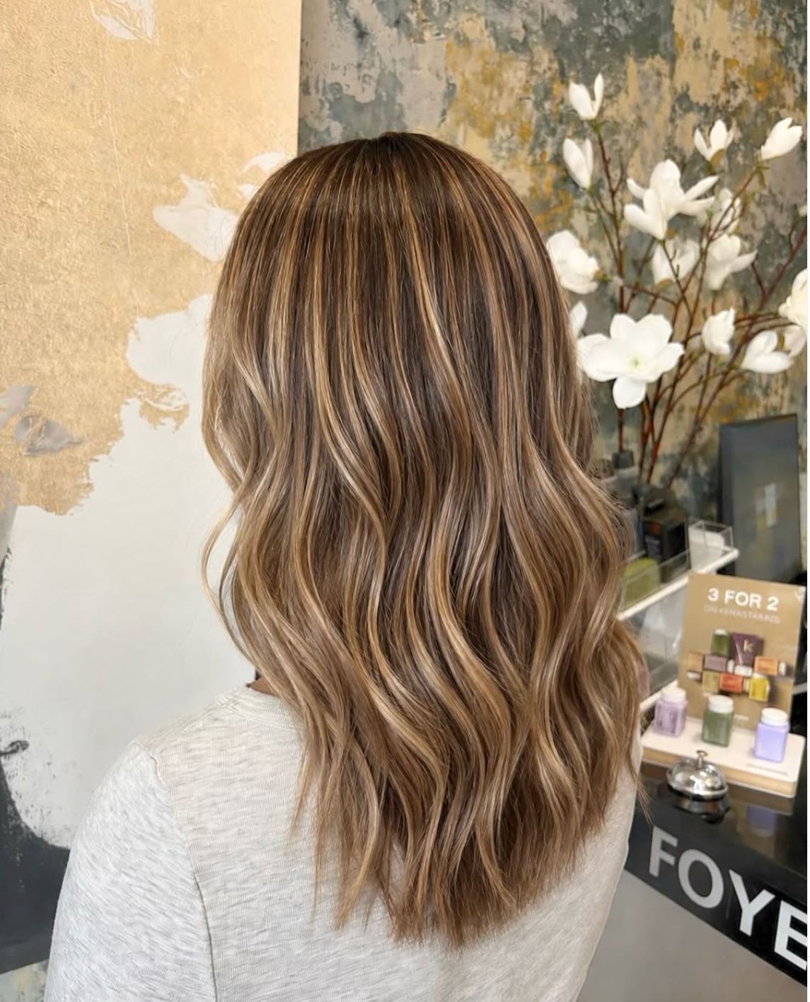 Soft balayage with loose waves created by Sophia’s Mobile Hairdressing